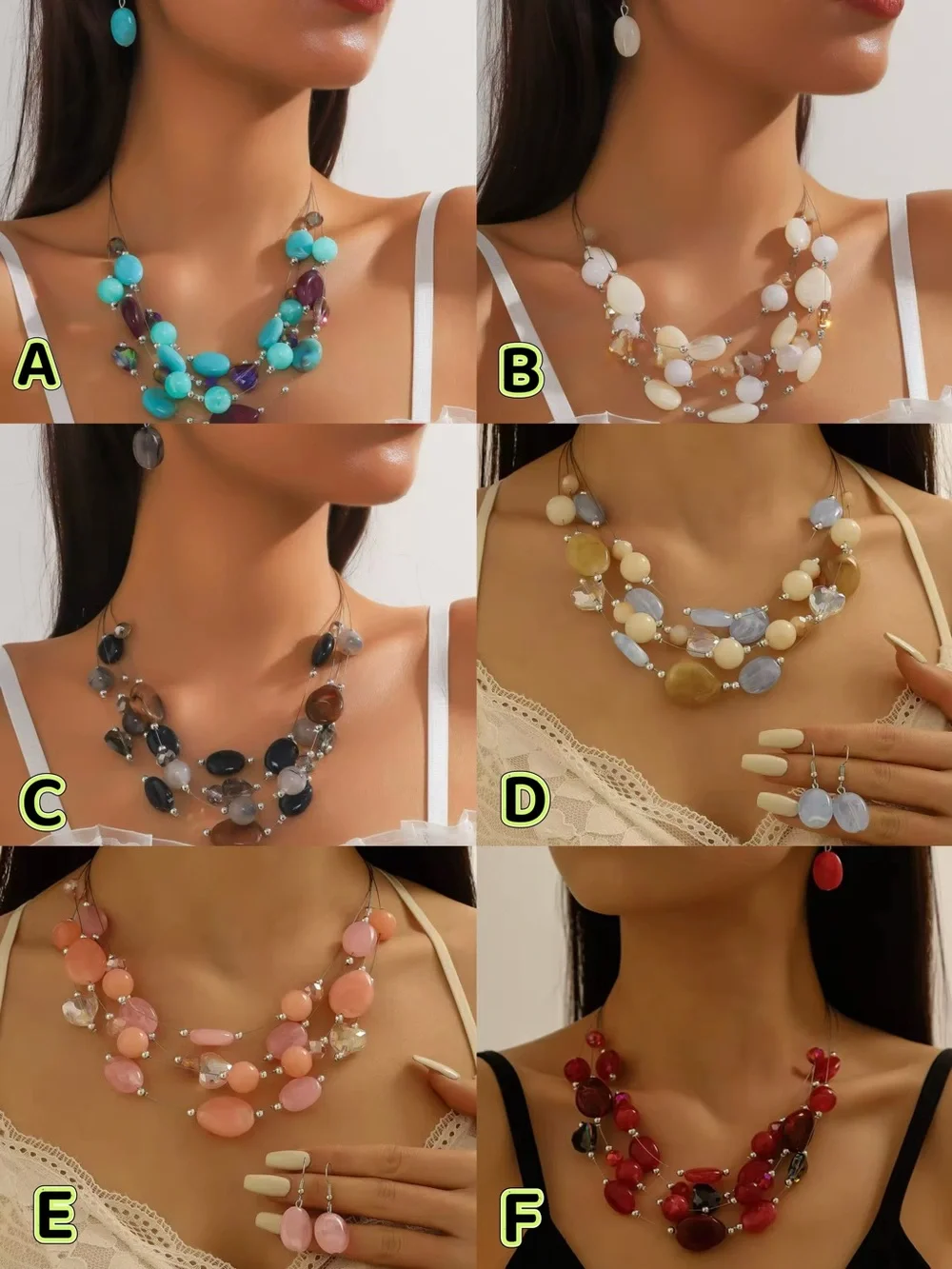Multi-Strand Blue, Cream & Tan Bead Necklace Set with Matching Earrings